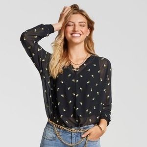 CAbi Black Sheer Blouse with Floral Pattern